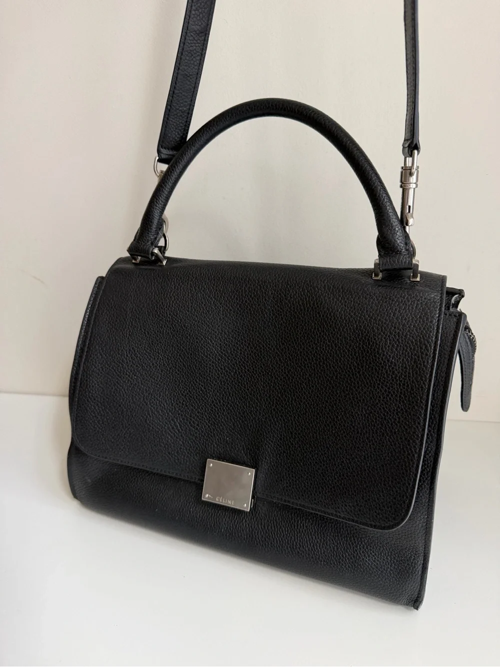 Authentic CELINE Small Trapeze Black Leather Suede Handbag